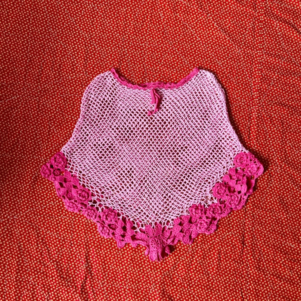Vintage 2000s Pink Crochet Floral Poncho Capelet Mesh Knit Top